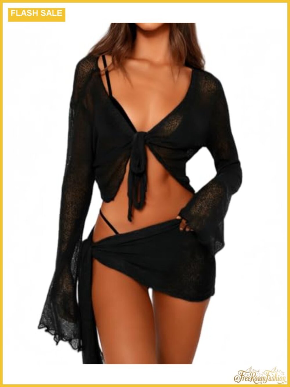 Women's 2-Piece Mesh Crop Top & Skirt Set Long Sleeve Sheer Clubwear